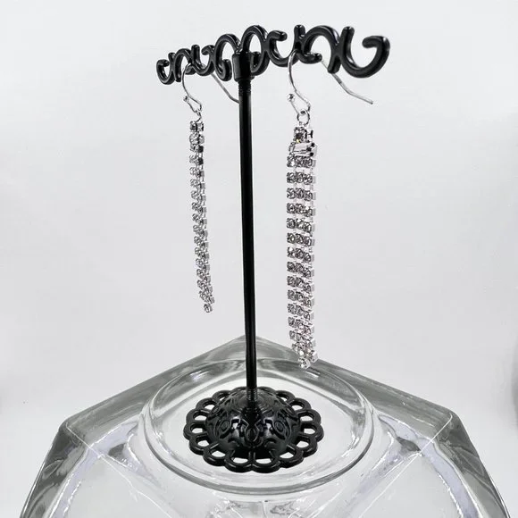 NWT - Indeed - Clear Rhinestone 3 Strand Dangle Silver Tone Fishhook Earrings - Picture 3 of 9